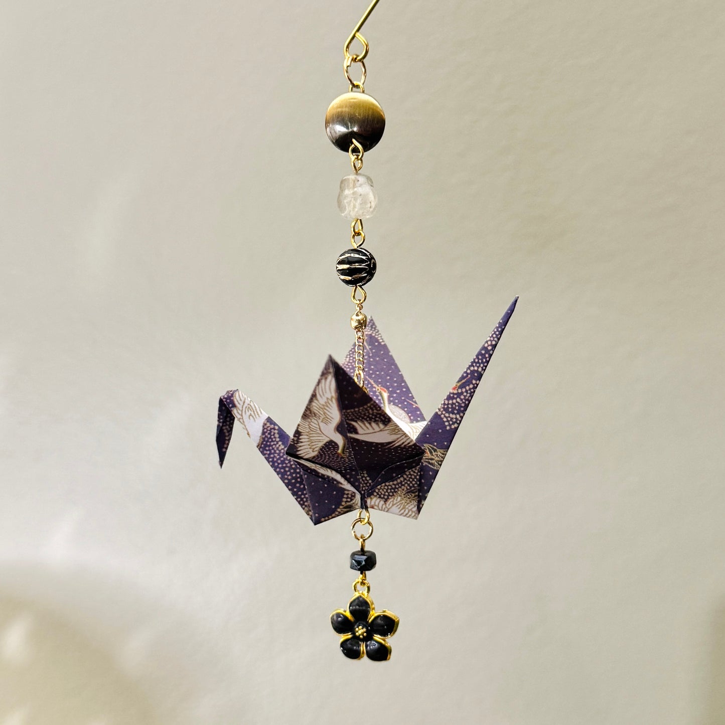 Origami Ornament #2055 - Medium Crane with Enamel Flower Charm