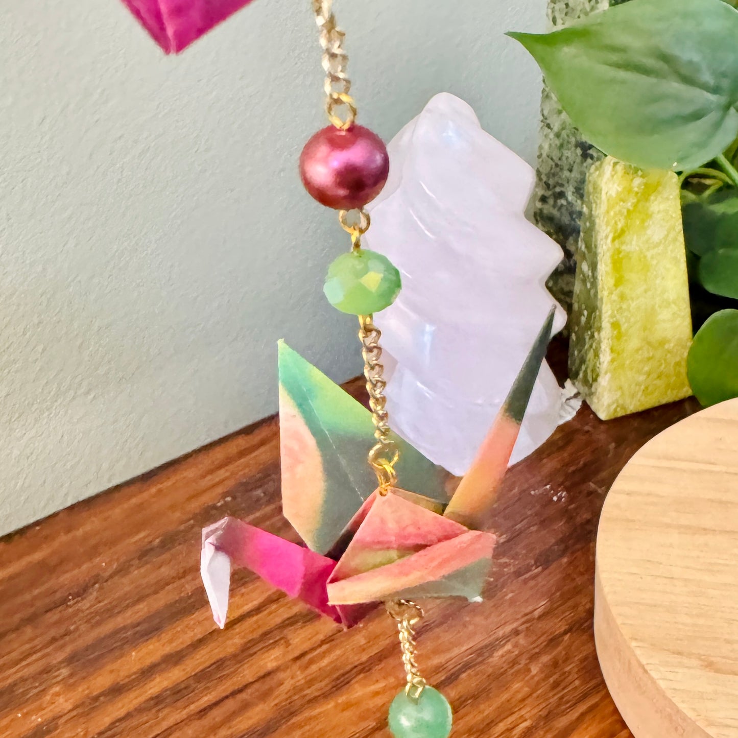 Origami Ornament #2221 - Triple Crane with Repurposed Pendant