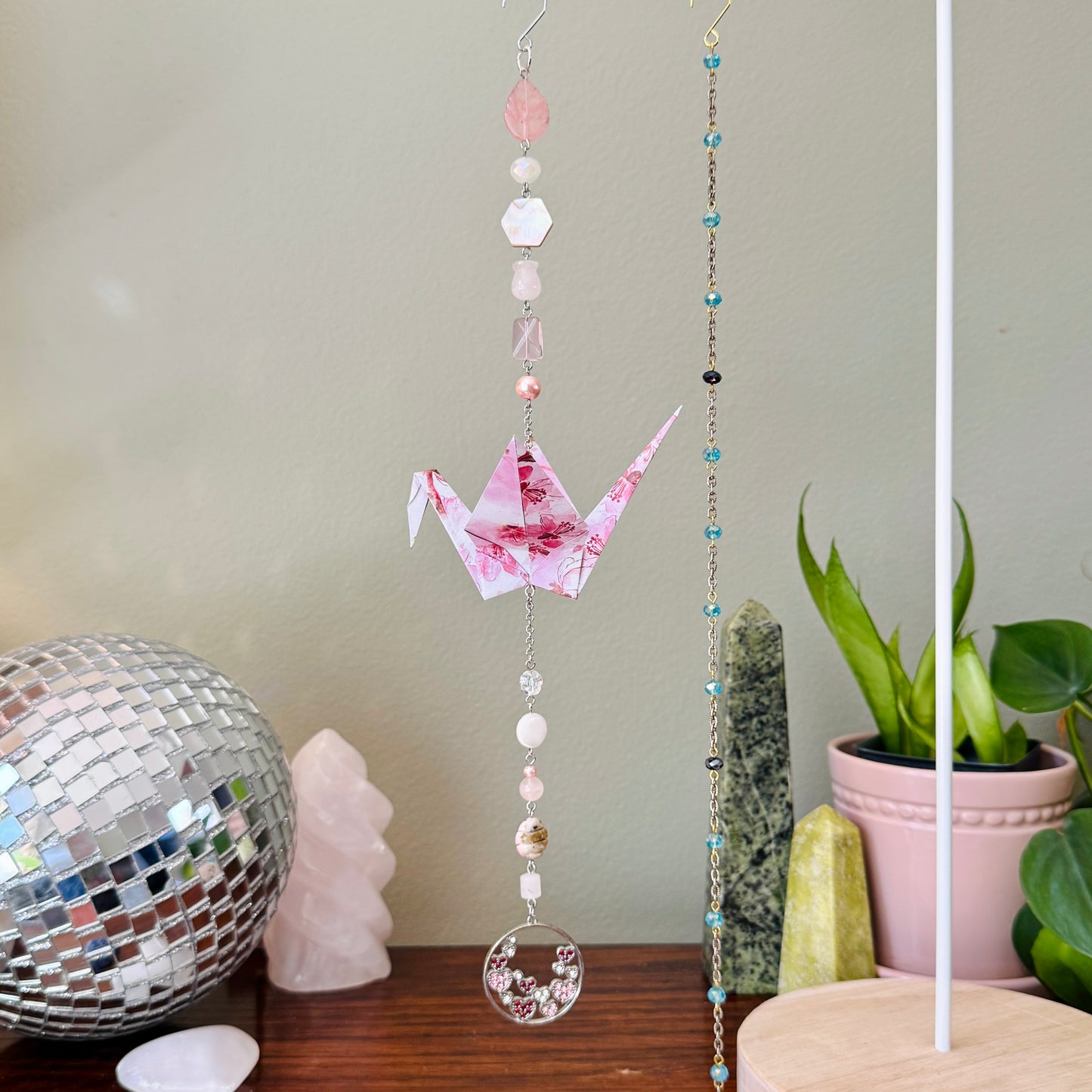 Origami Ornament #2023 - Large Crane with Hearts Pendant