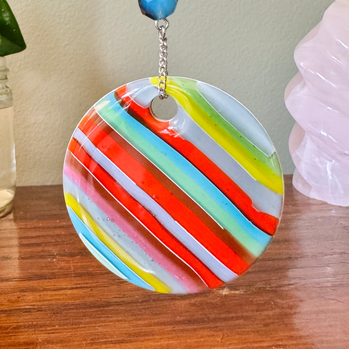 Origami Ornament #2142 - Large Crane with Repurposed Striped Pendant