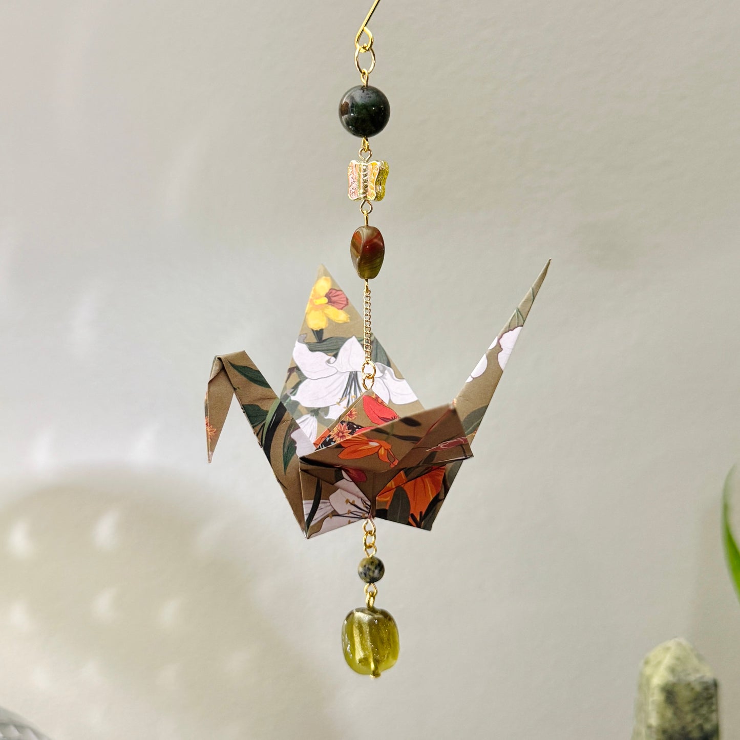 Origami Ornament #2060 - Large Crane with Glass and Stone Beads