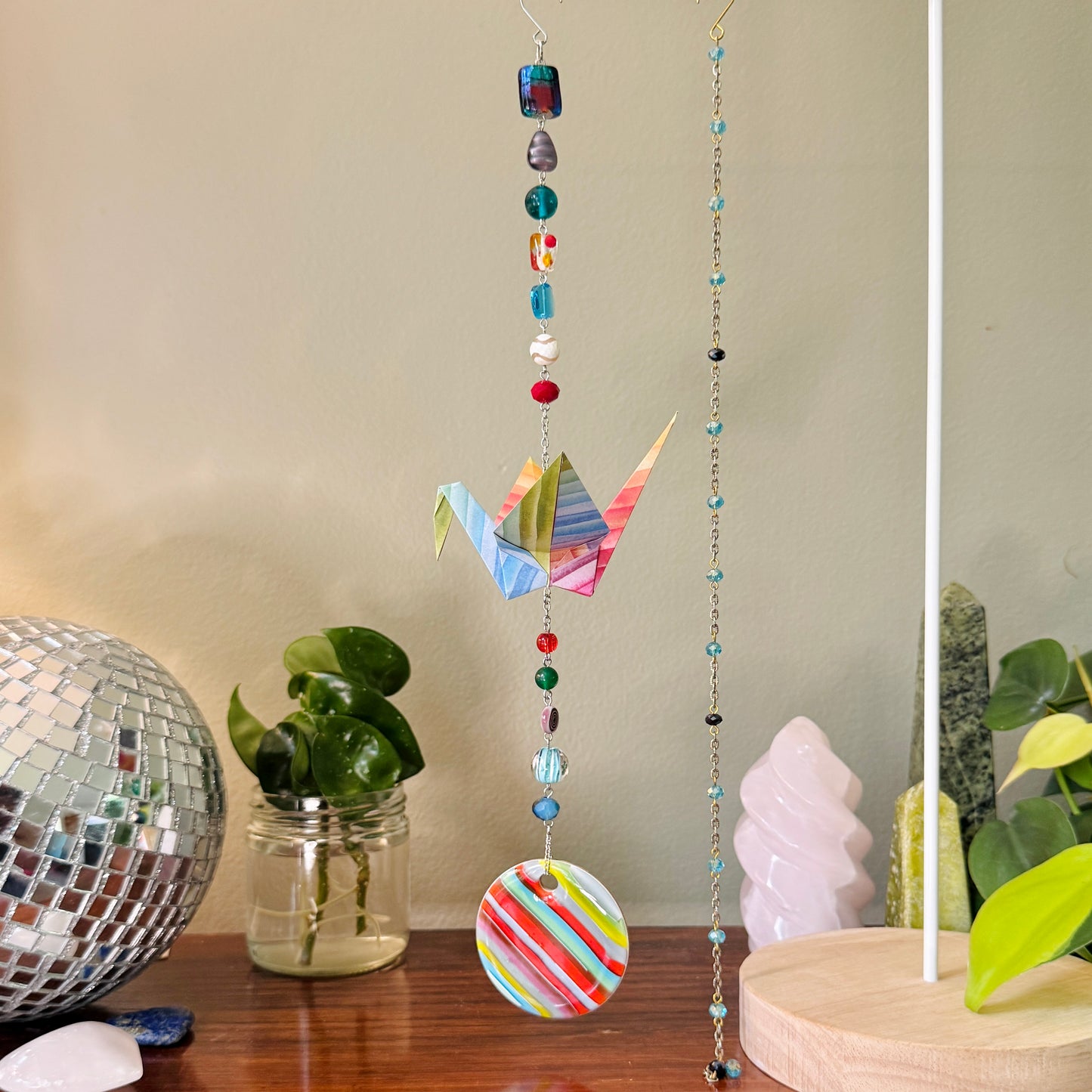 Origami Ornament #2142 - Large Crane with Repurposed Striped Pendant