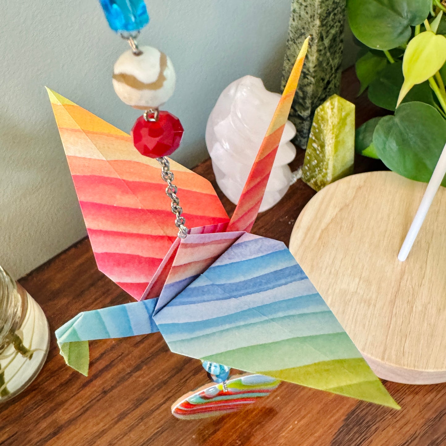 Origami Ornament #2142 - Large Crane with Repurposed Striped Pendant