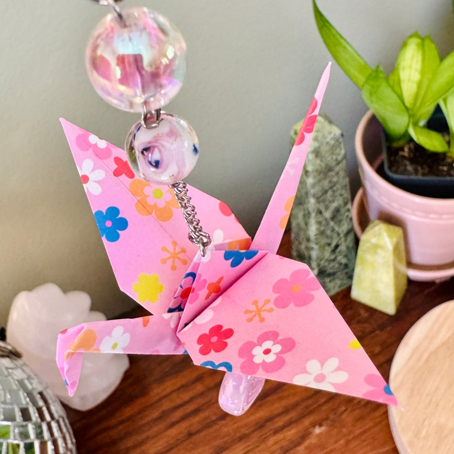 Origami Ornament #2015 - Medium Crane with Plastic Heart