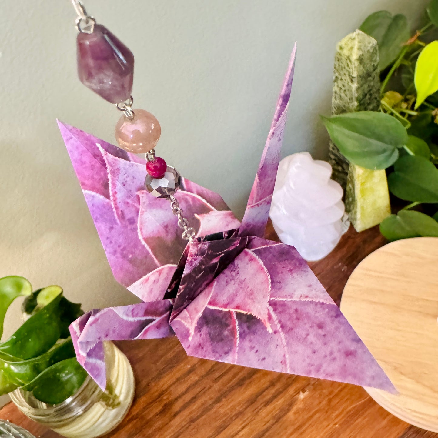 Origami Ornament #2215 - Large Crane with Stone Beads and Pendant