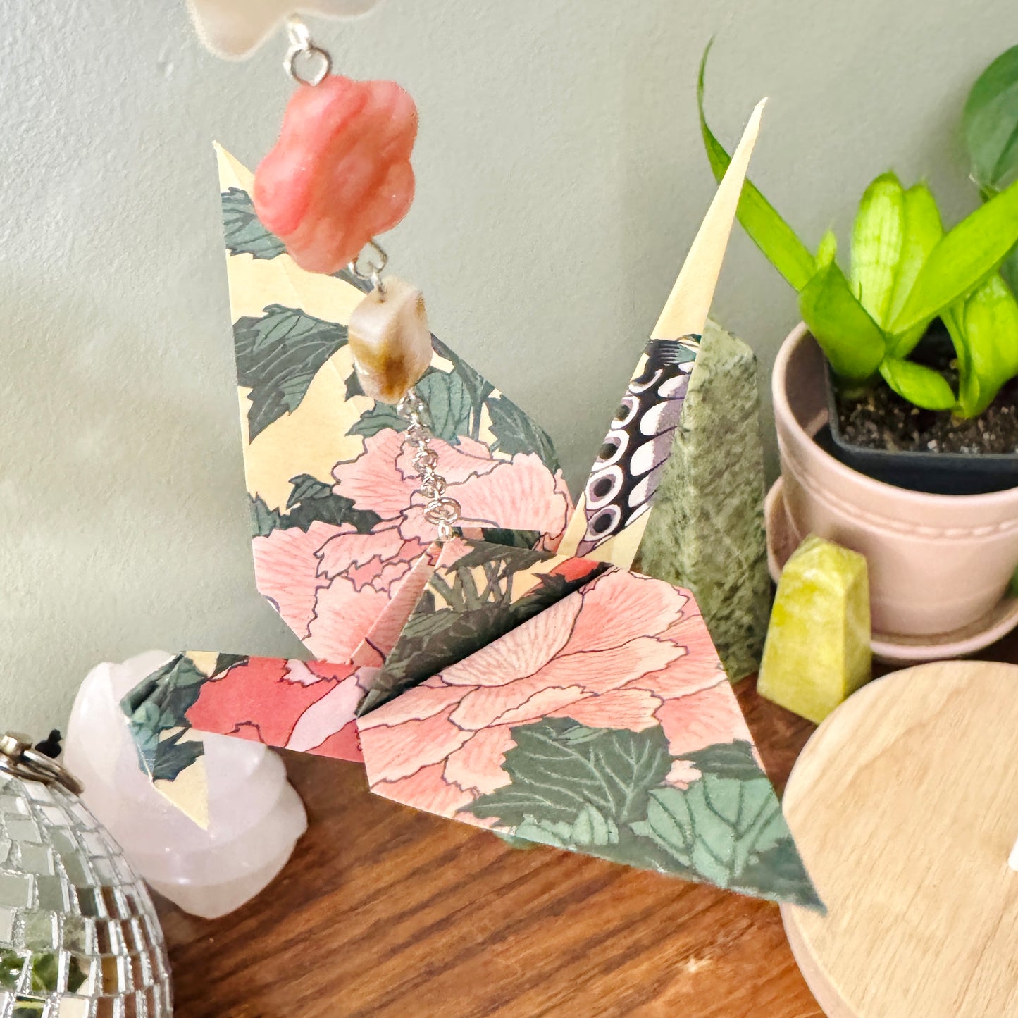 Origami Ornament #2057 - Large Crane with Jade Bead