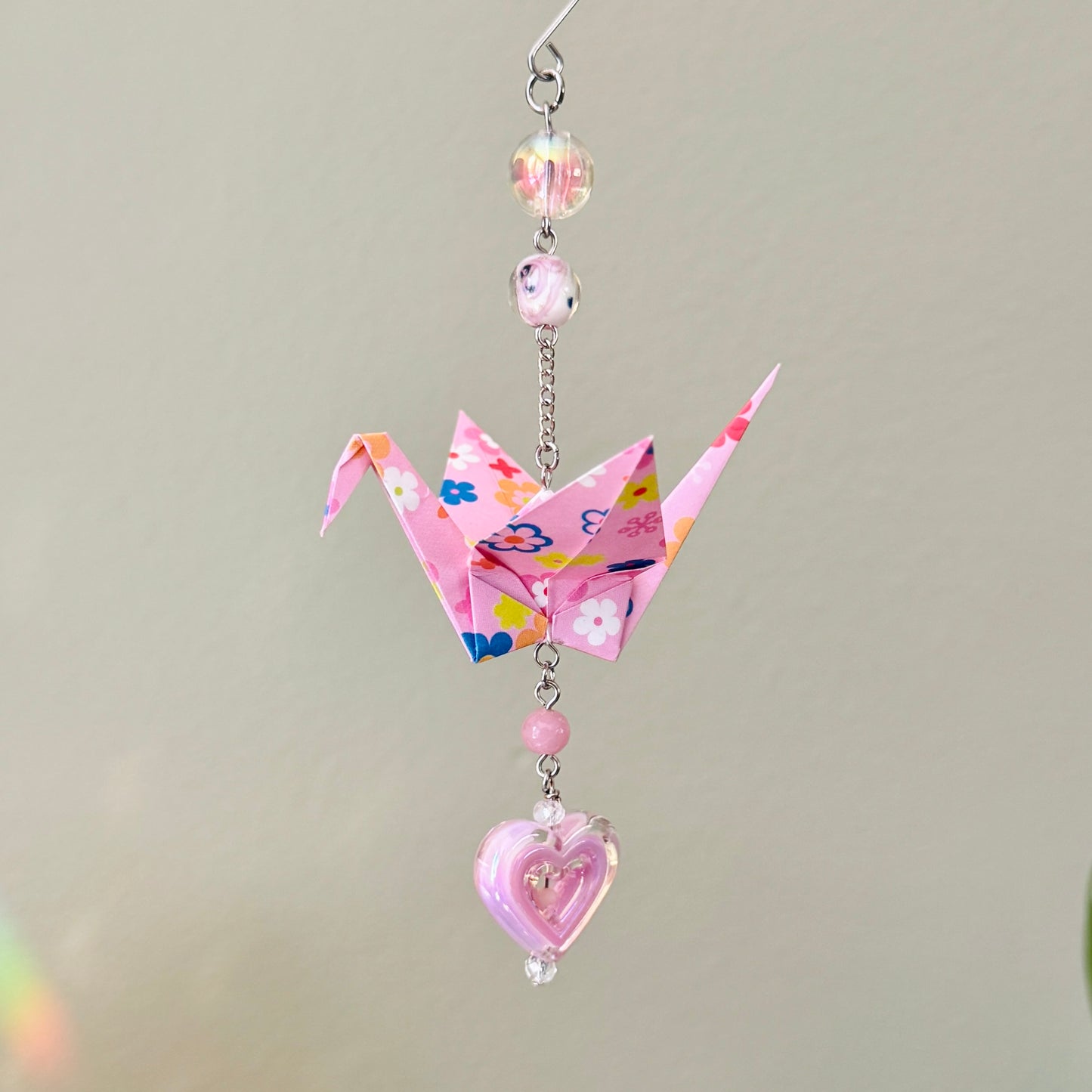 Origami Ornament #2015 - Medium Crane with Plastic Heart