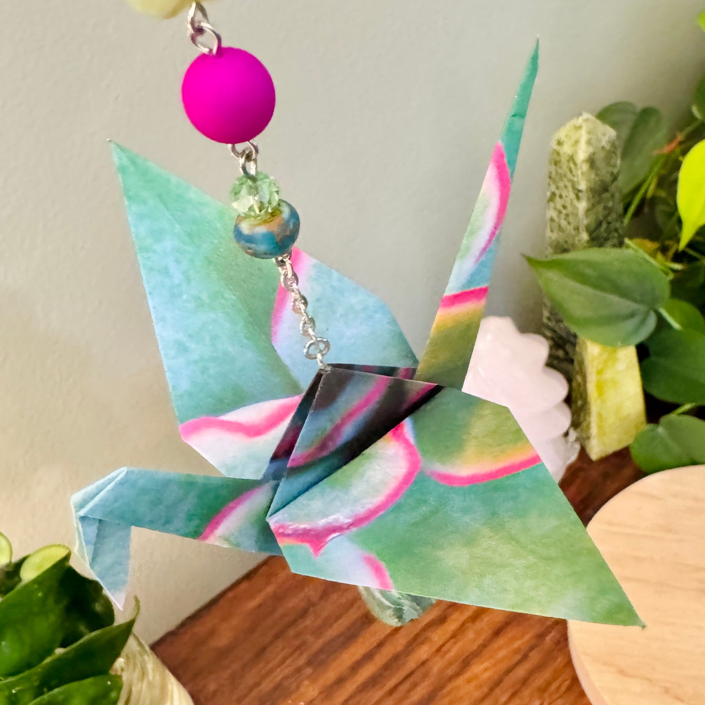 Origami Ornament #2216 - Large Crane with Succulent Pattern