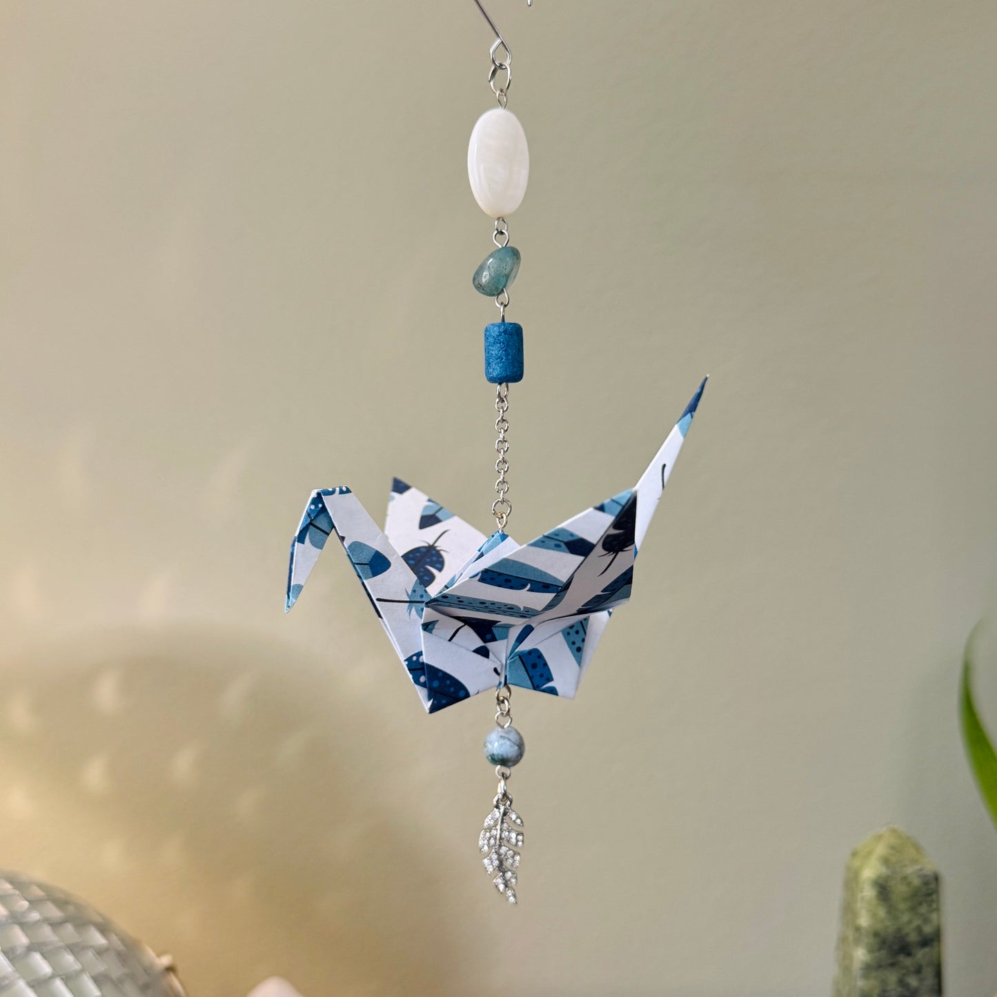 Origami Ornament #1989 - Large Crane with Feather Charm
