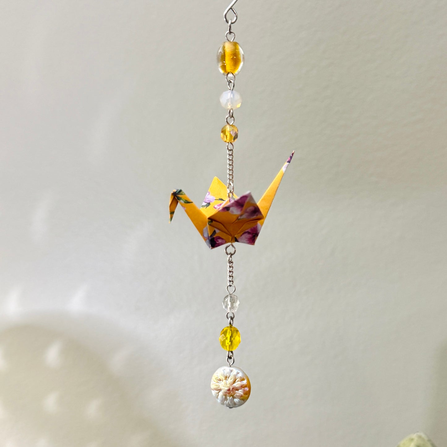 Origami Ornament #2048 - Small Crane with Glass Beads