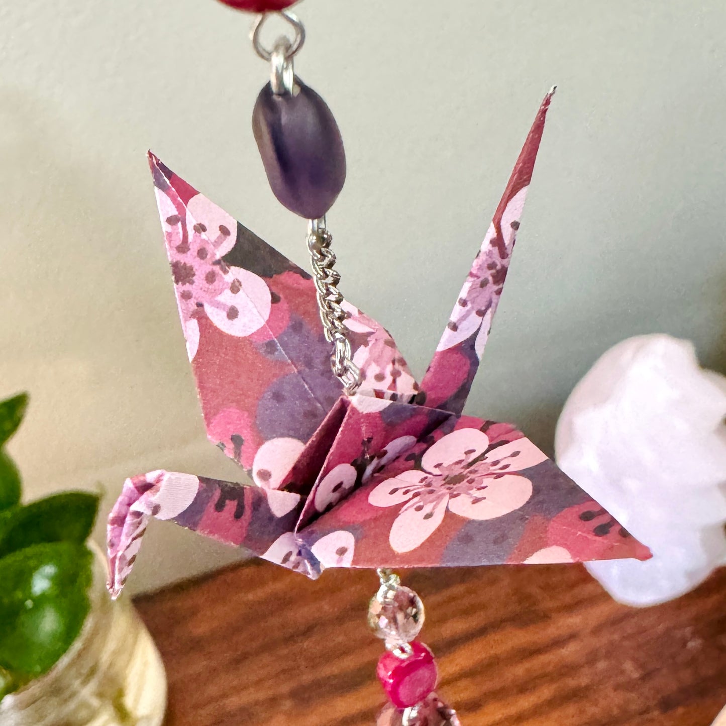 Origami Ornament #2147 - Small Crane with Repurposed Beads