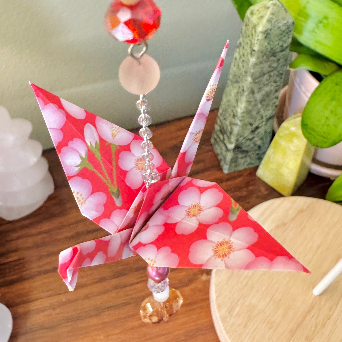 Origami Ornament #1966 - Medium Crane with Glass and Stone Beads