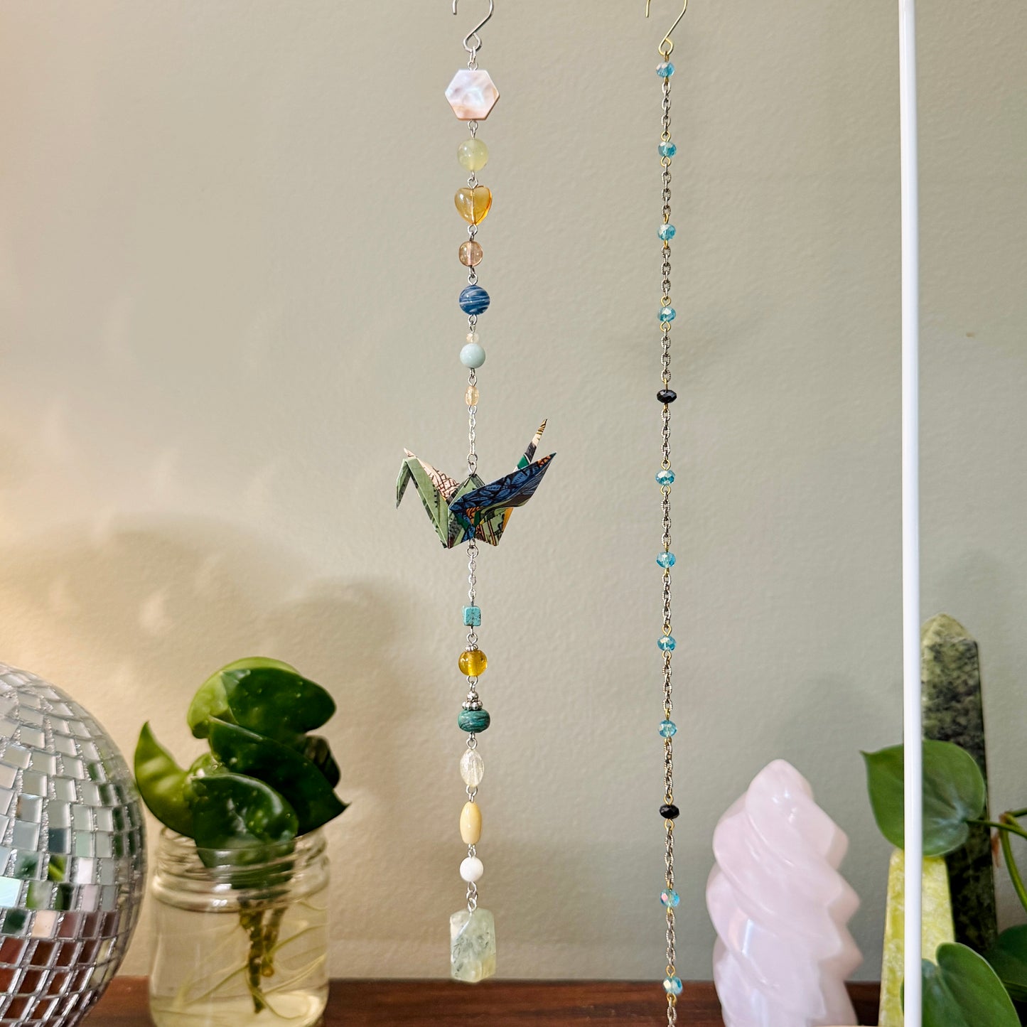 Origami Ornament #2213 - Medium Crane with Glass and Stone Beads