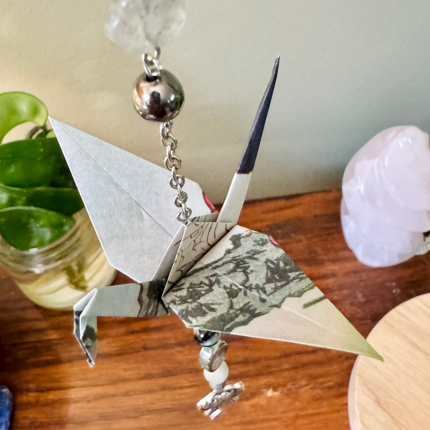 Origami Ornament #2211 - Medium Crane with Rose Pendant