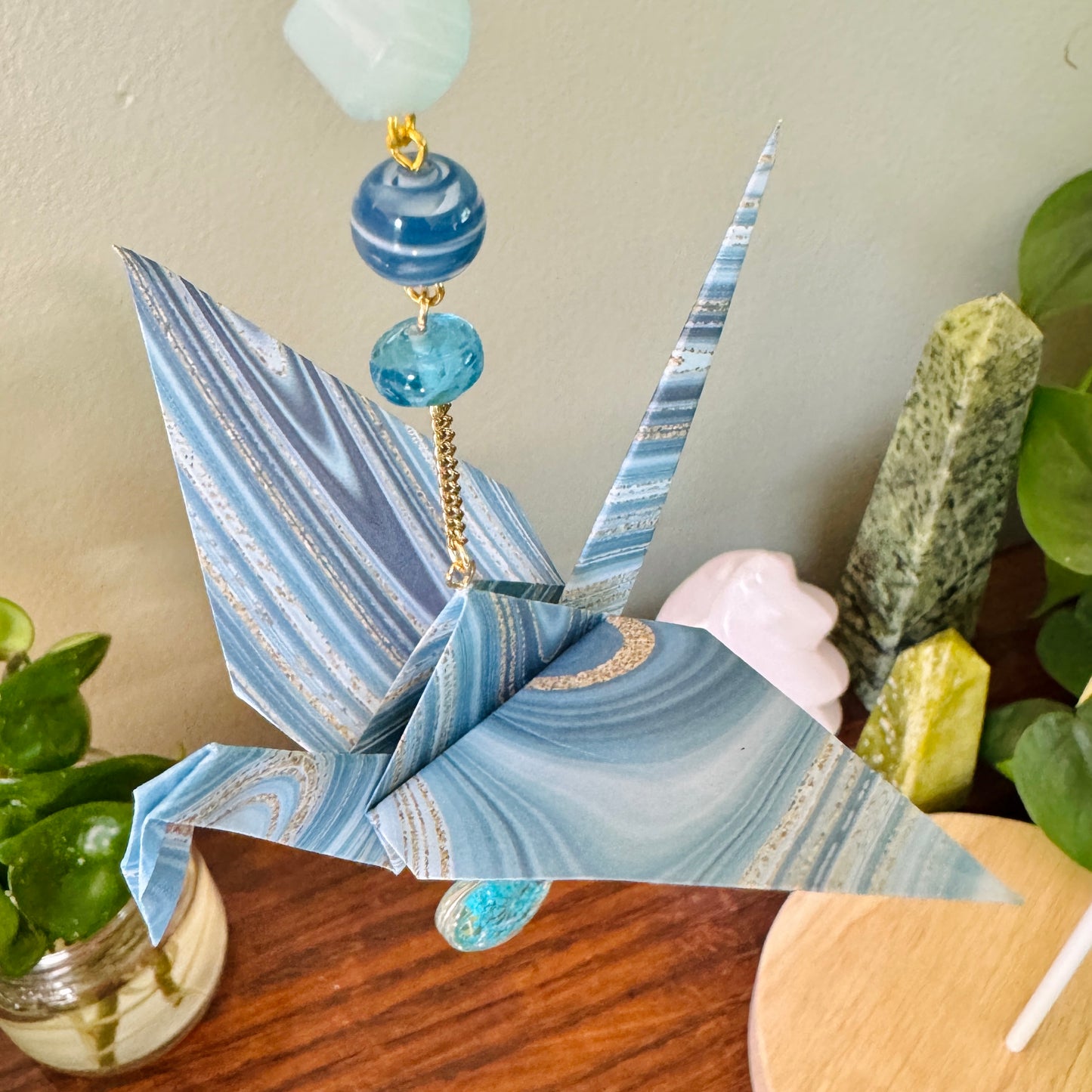 Origami Ornament #2139 - Large Crane with Resin Flower Heart