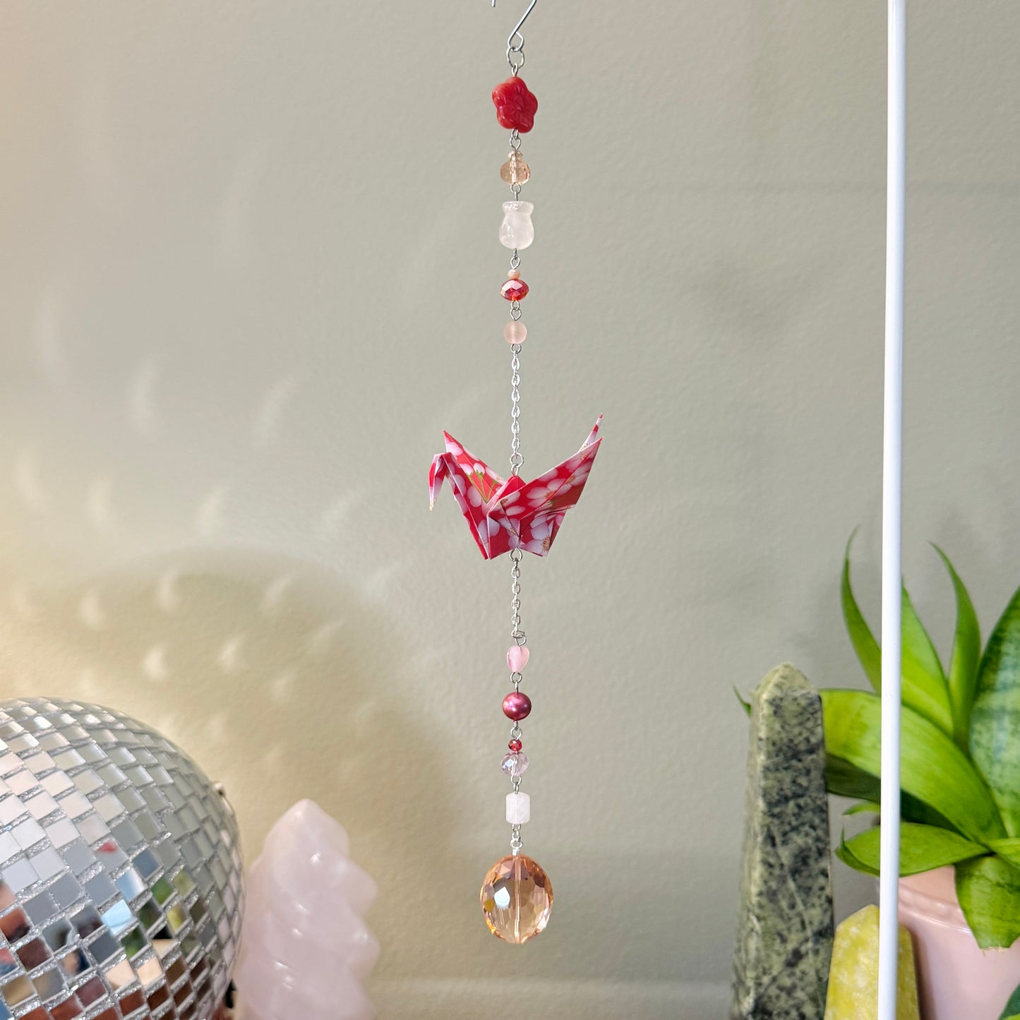 Origami Ornament #1966 - Medium Crane with Glass and Stone Beads