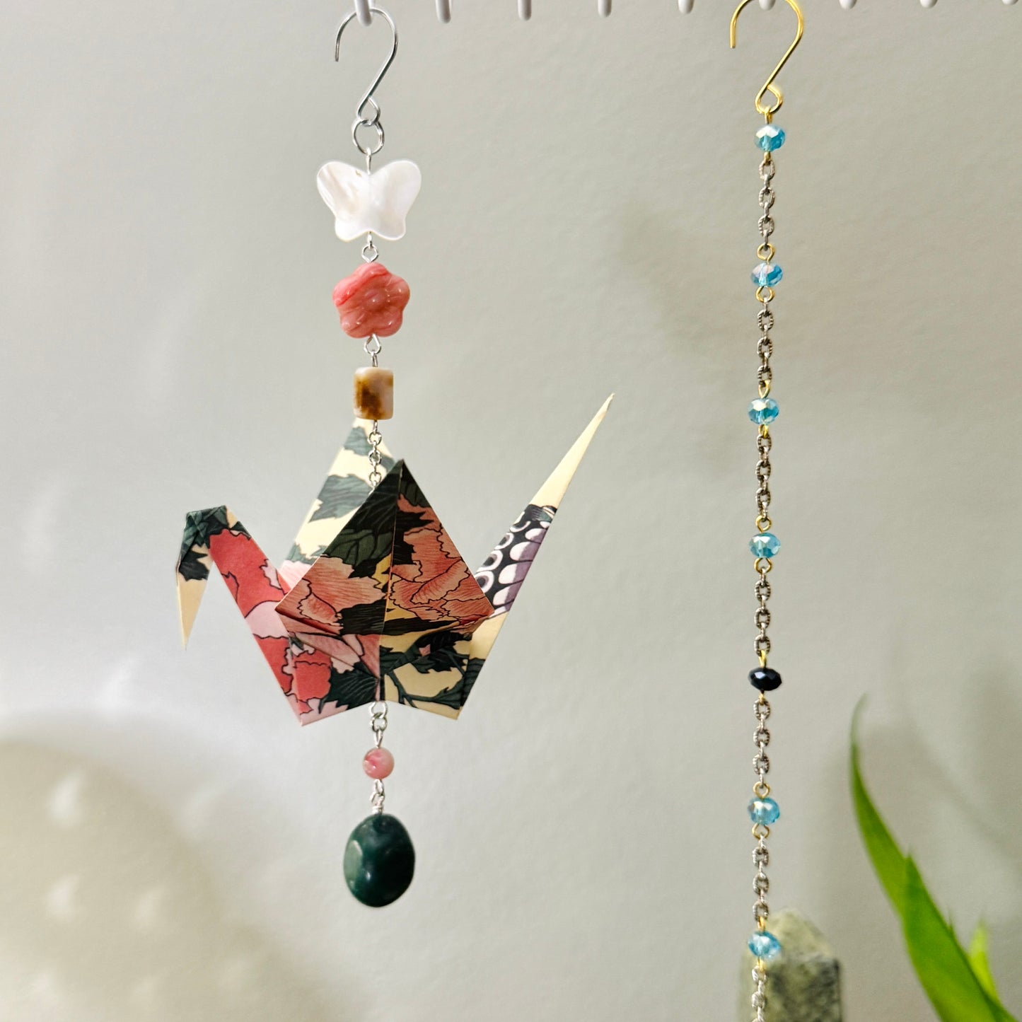 Origami Ornament #2057 - Large Crane with Jade Bead