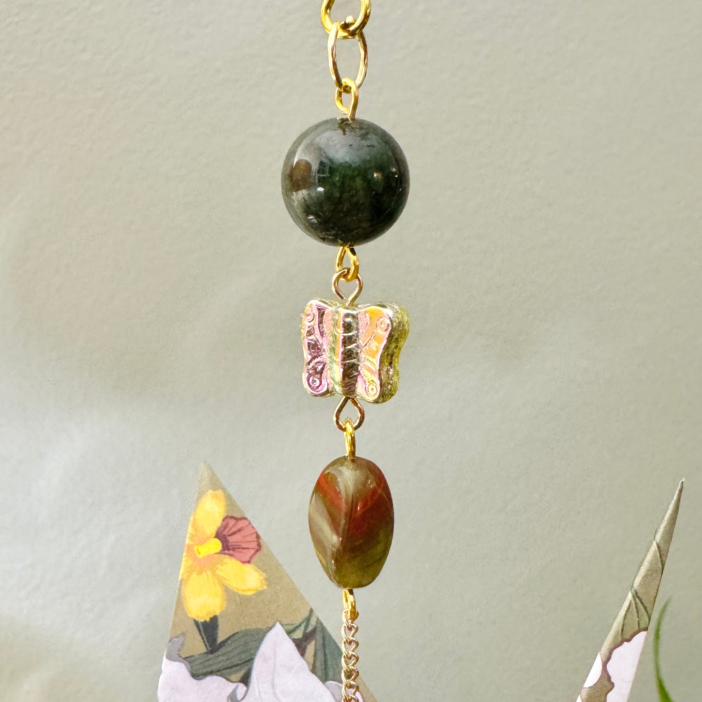 Origami Ornament #2060 - Large Crane with Glass and Stone Beads
