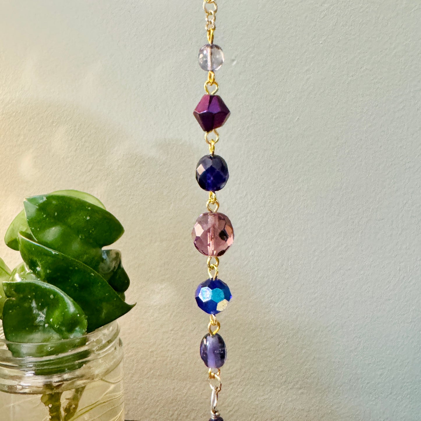 Origami Ornament #2212 - Medium Crane with Glass Beads and Art Glass Pendant