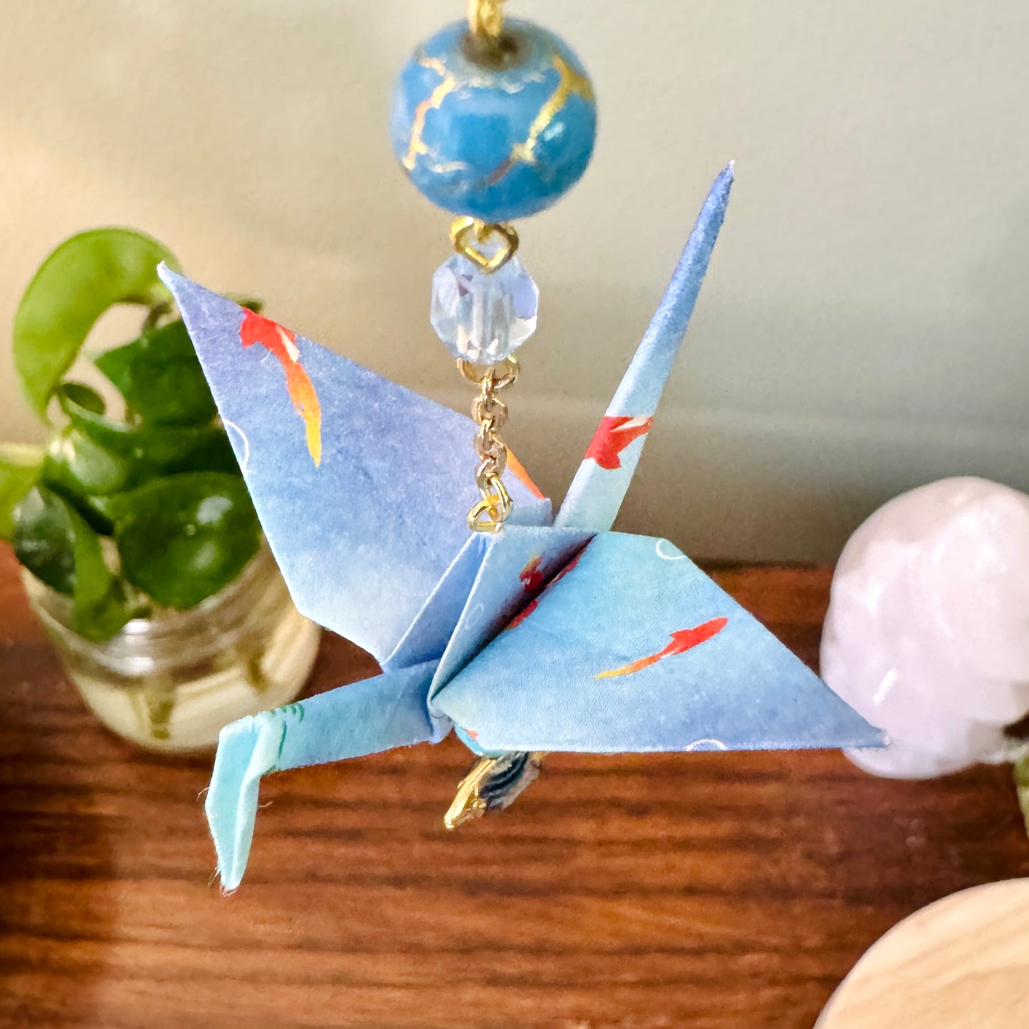 Origami Ornament #2145 - Small Crane with Enamel Fish Charm
