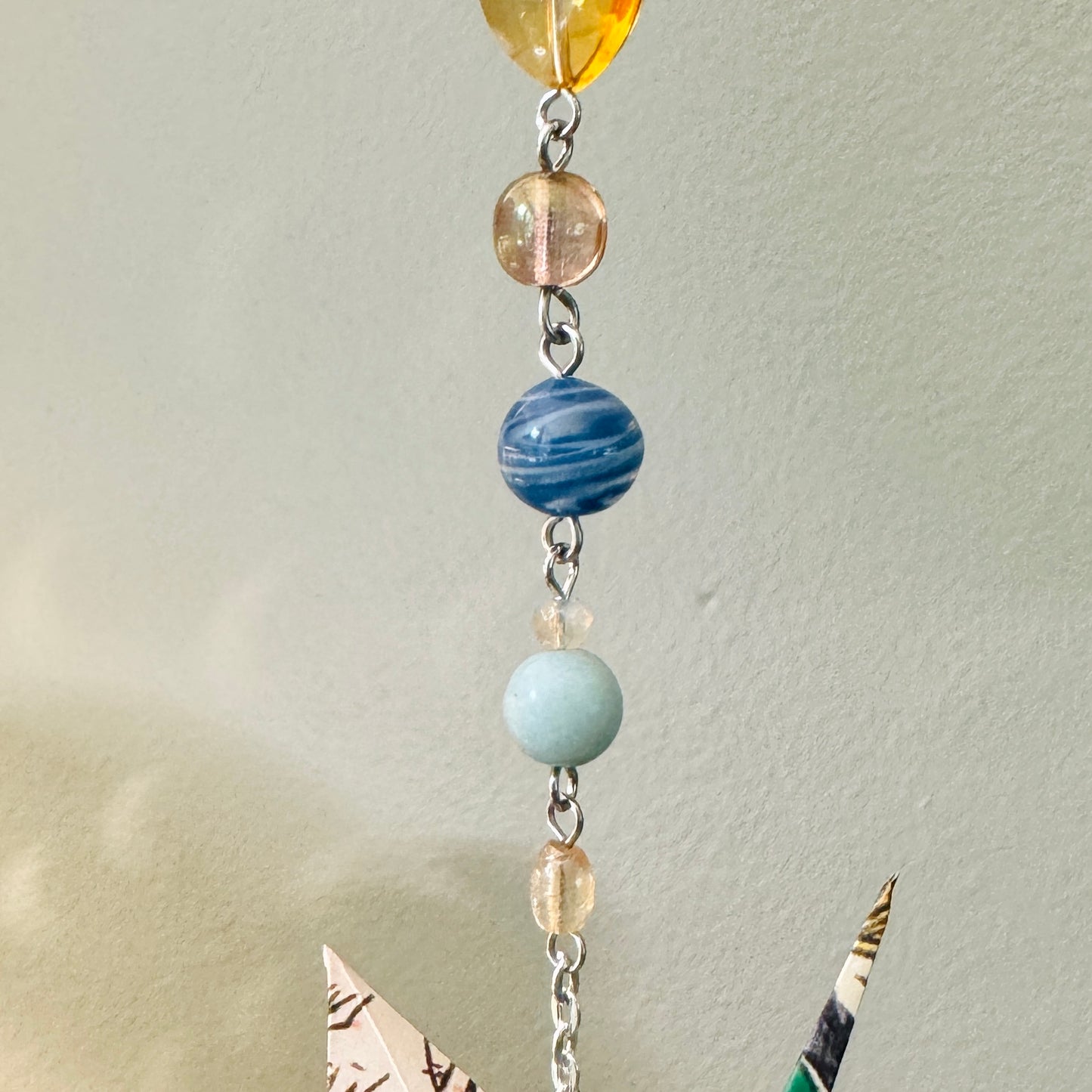 Origami Ornament #2213 - Medium Crane with Glass and Stone Beads