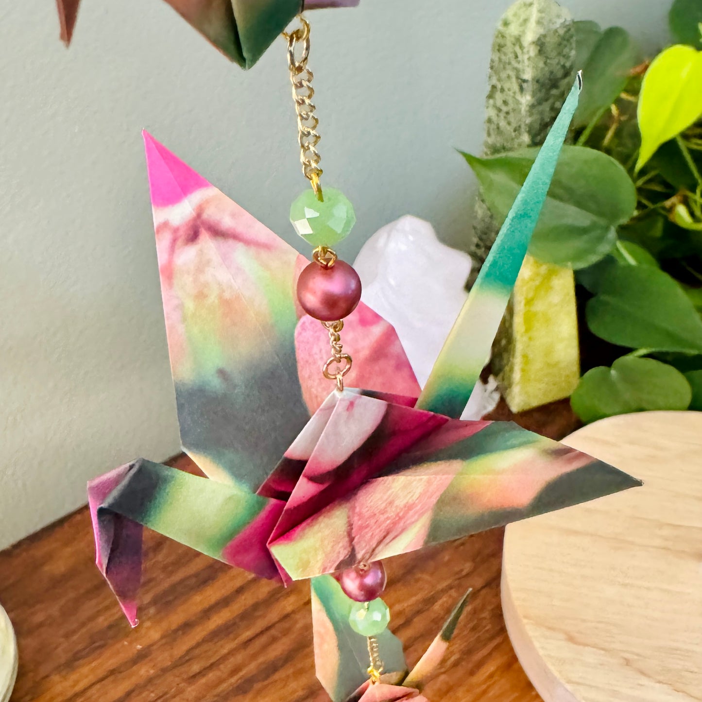 Origami Ornament #2221 - Triple Crane with Repurposed Pendant