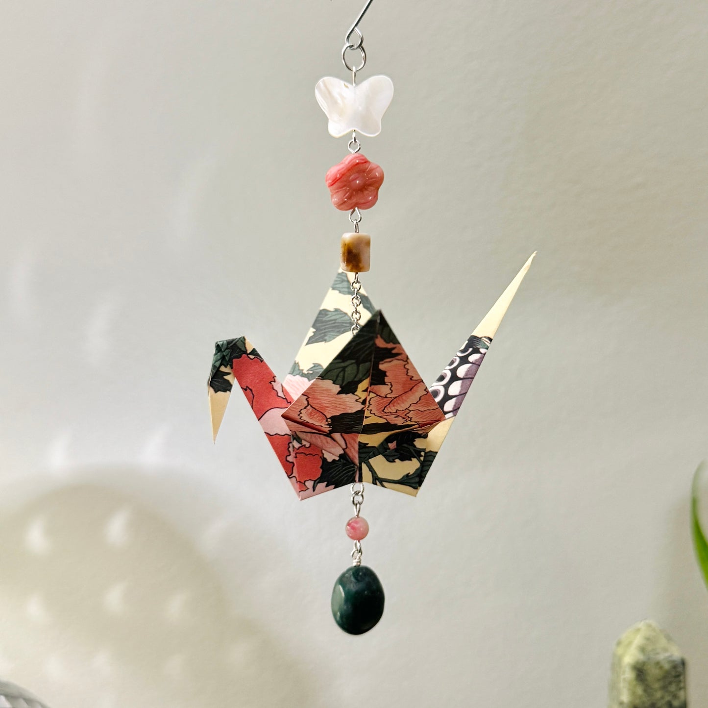 Origami Ornament #2057 - Large Crane with Jade Bead