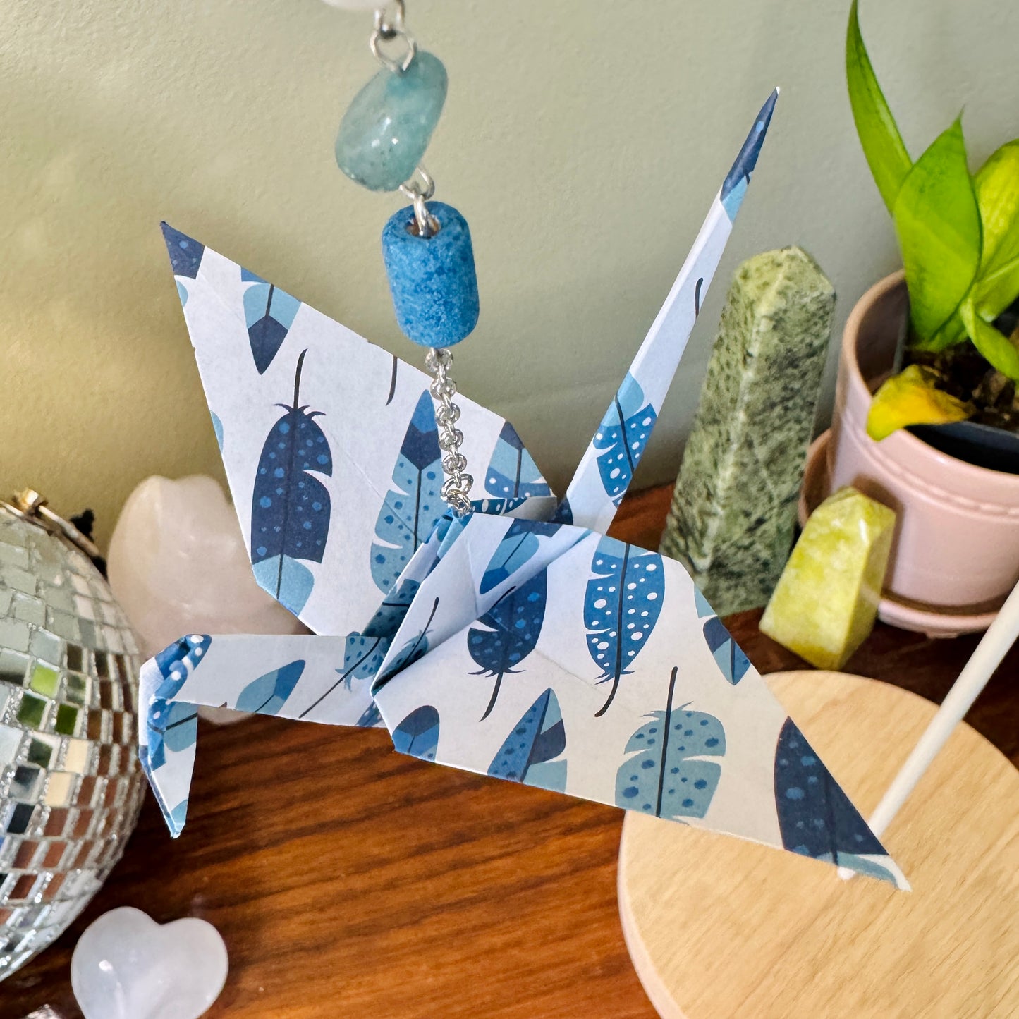 Origami Ornament #1989 - Large Crane with Feather Charm