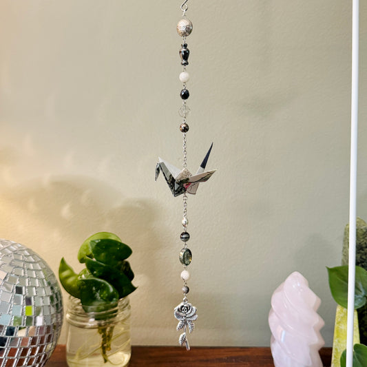 Origami Ornament #2211 - Medium Crane with Rose Pendant