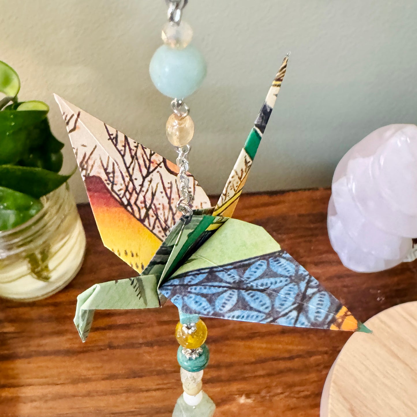 Origami Ornament #2213 - Medium Crane with Glass and Stone Beads