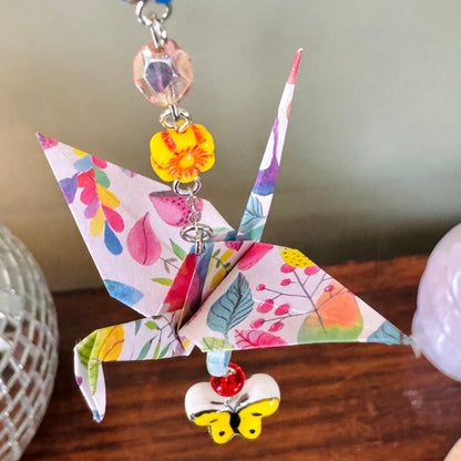 Origami Ornament #2446 - Small Crane with Ceramic Butterfly Bead