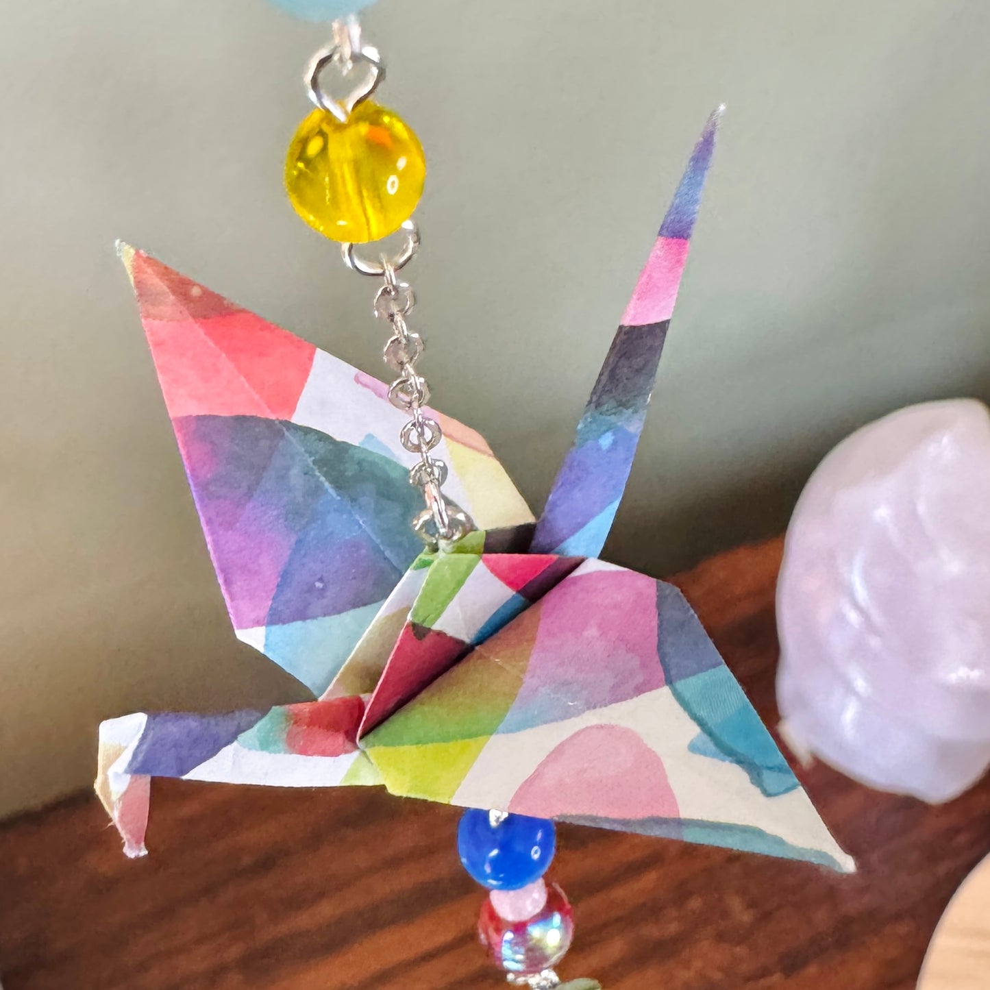 Origami Ornament #2450 - Small Crane with Repurposed Jewelry