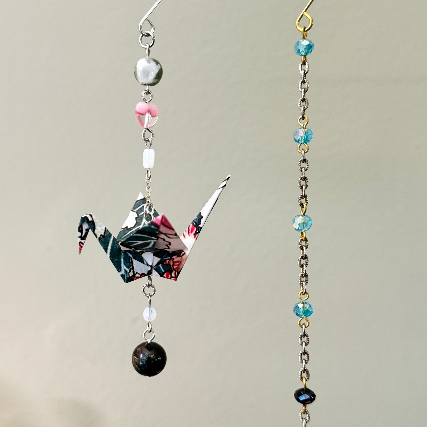 Origami Ornament #2146 - Small Crane with Stone and Glass Beads