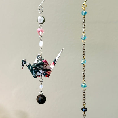 Origami Ornament #2146 - Small Crane with Stone and Glass Beads