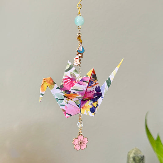 Origami Ornament #2022 - Large Crane with Alice in Wonderland Charms