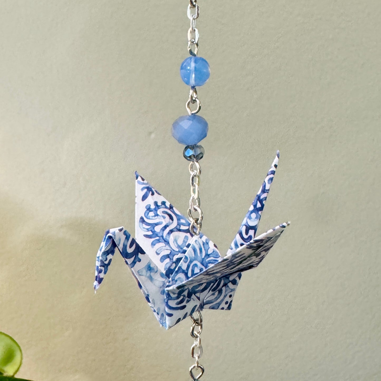 Origami Ornament #2209 - Triple Small Crane with Blue Stone Heart