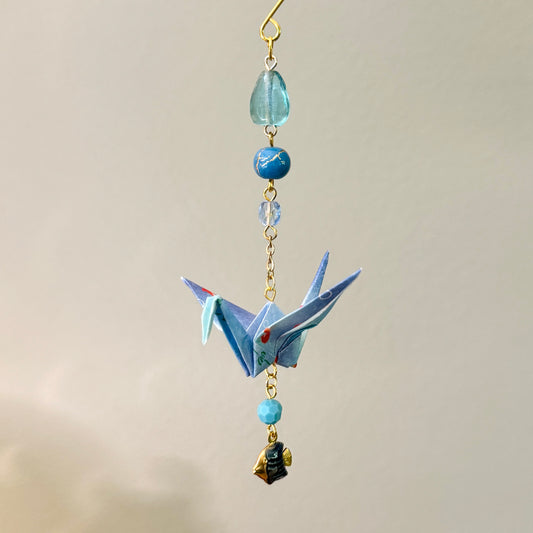 Origami Ornament #2145 - Small Crane with Enamel Fish Charm