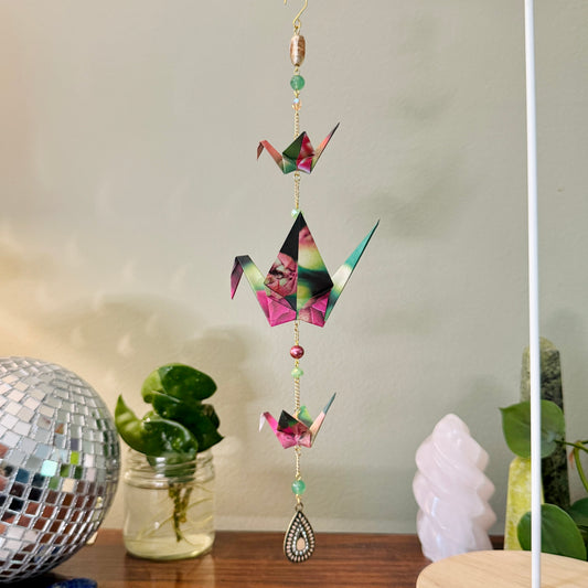 Origami Ornament #2221 - Triple Crane with Repurposed Pendant