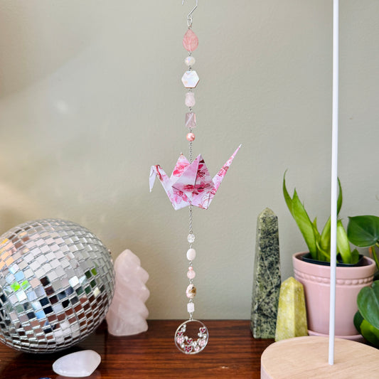 Origami Ornament #2023 - Large Crane with Hearts Pendant