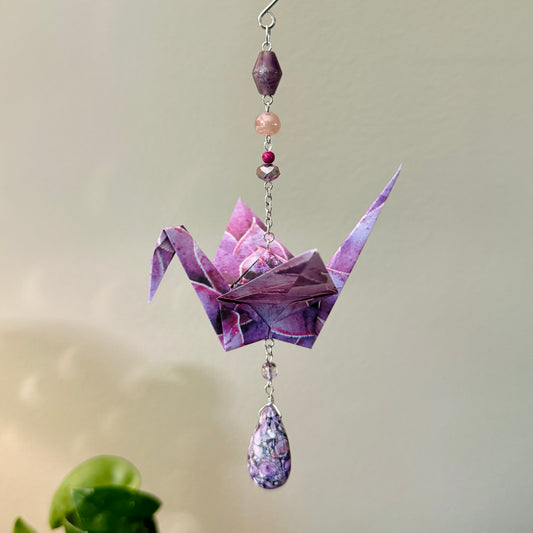 Origami Ornament #2215 - Large Crane with Stone Beads and Pendant