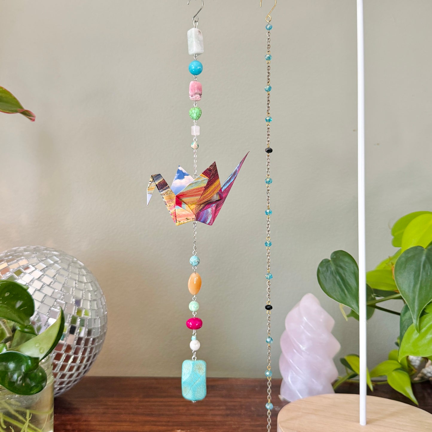 Origami Ornament #2461 - Large Crane with Stone Beads