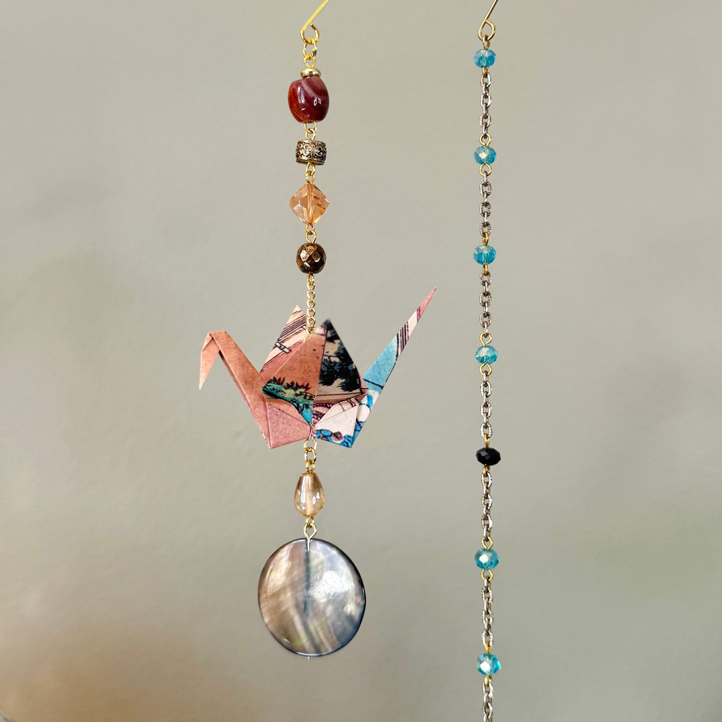 Origami Ornament #2455 - Medium Crane with Repurposed Beads