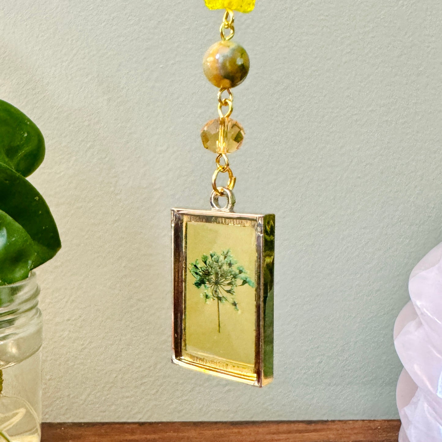 Origami Ornament #2183 - Medium Crane with Pressed Flower Pendant