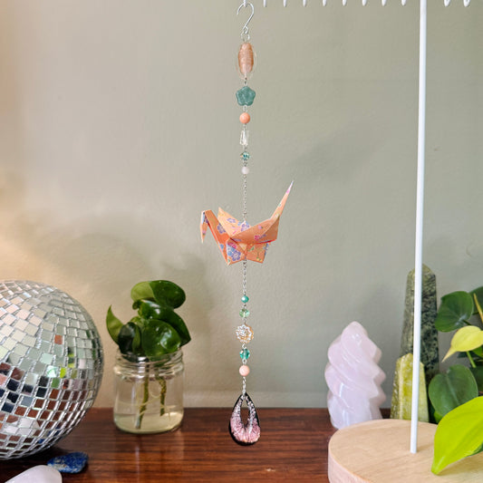Origami Ornament #2140 - Large Crane with Art Glass Pendant