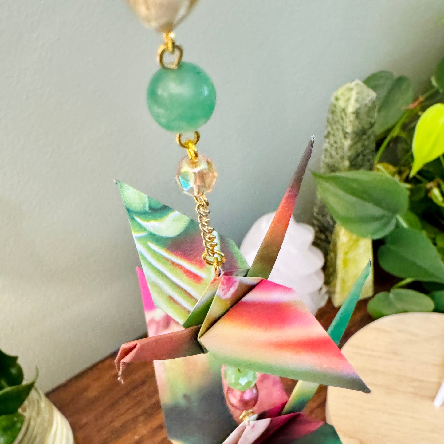 Origami Ornament #2221 - Triple Crane with Repurposed Pendant