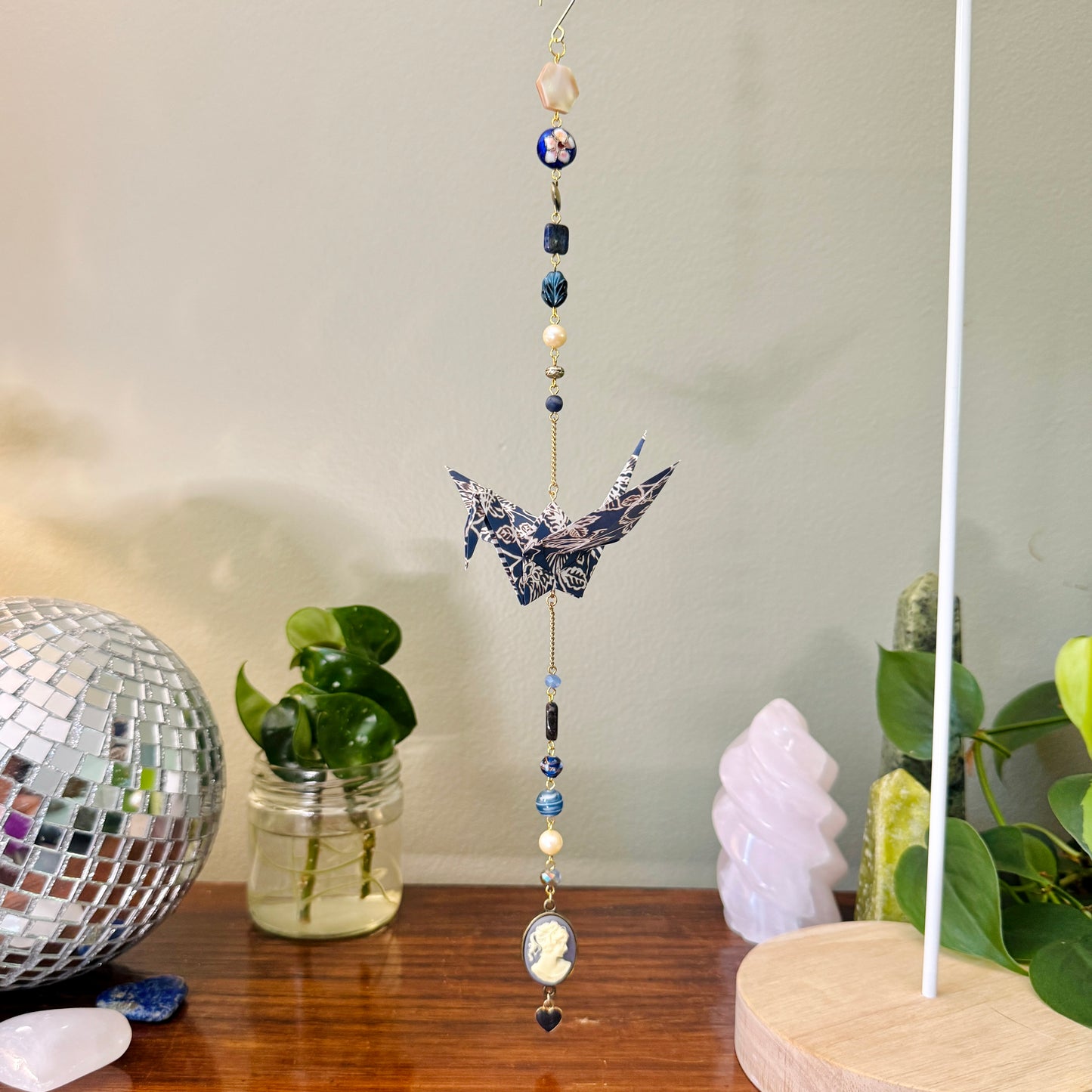 Origami Ornament #2190 - Large Crane with Cameo Pendant