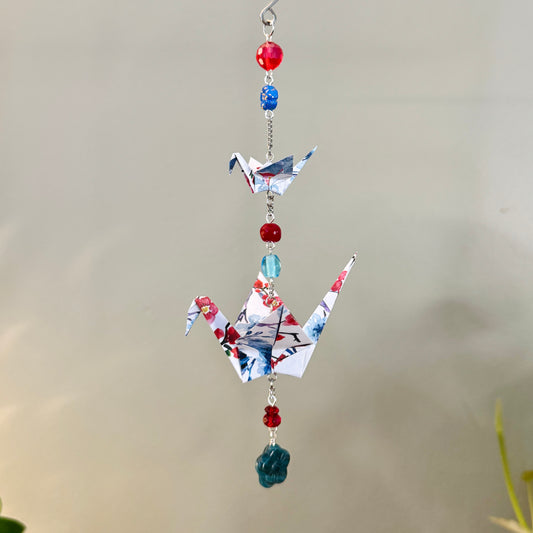 Origami Ornament #2379 - Double Mini/Small Crane with Glass Beads