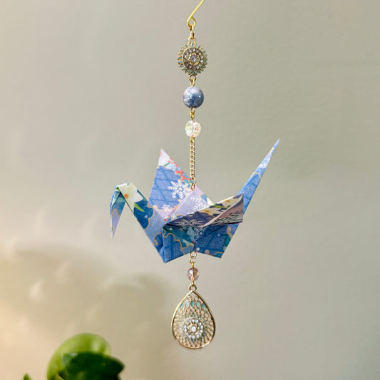 Origami Ornament #2217 - Large Crane with Repurposed Jewelry