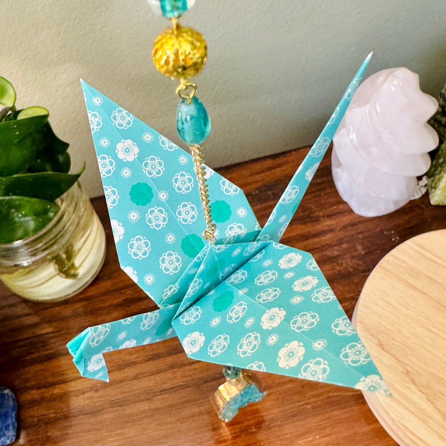 Origami Ornament #2219 - Large Crane with Repurposed Pendant