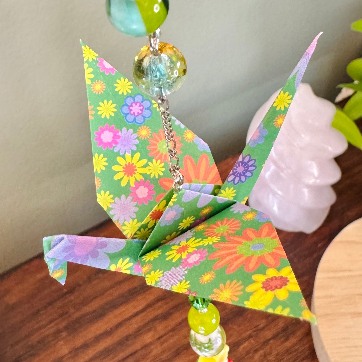 Origami Ornament #2459 - Medium Crane with Glass Flower Pendant